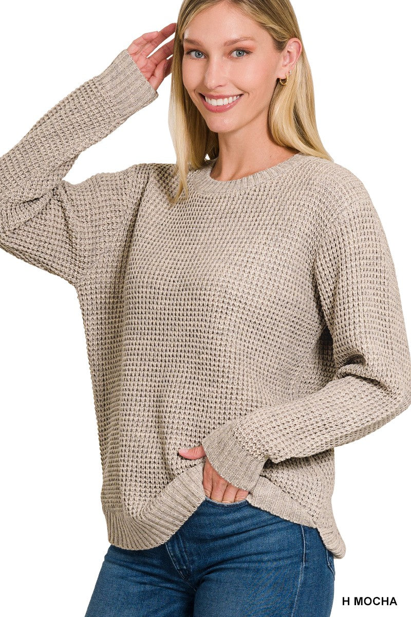 Hi-low Long Sleeve Round Neck Waffle Sweater-Mocha