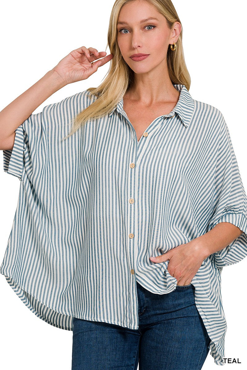 Rayon Striped Short Sleeve Button Up Shirt