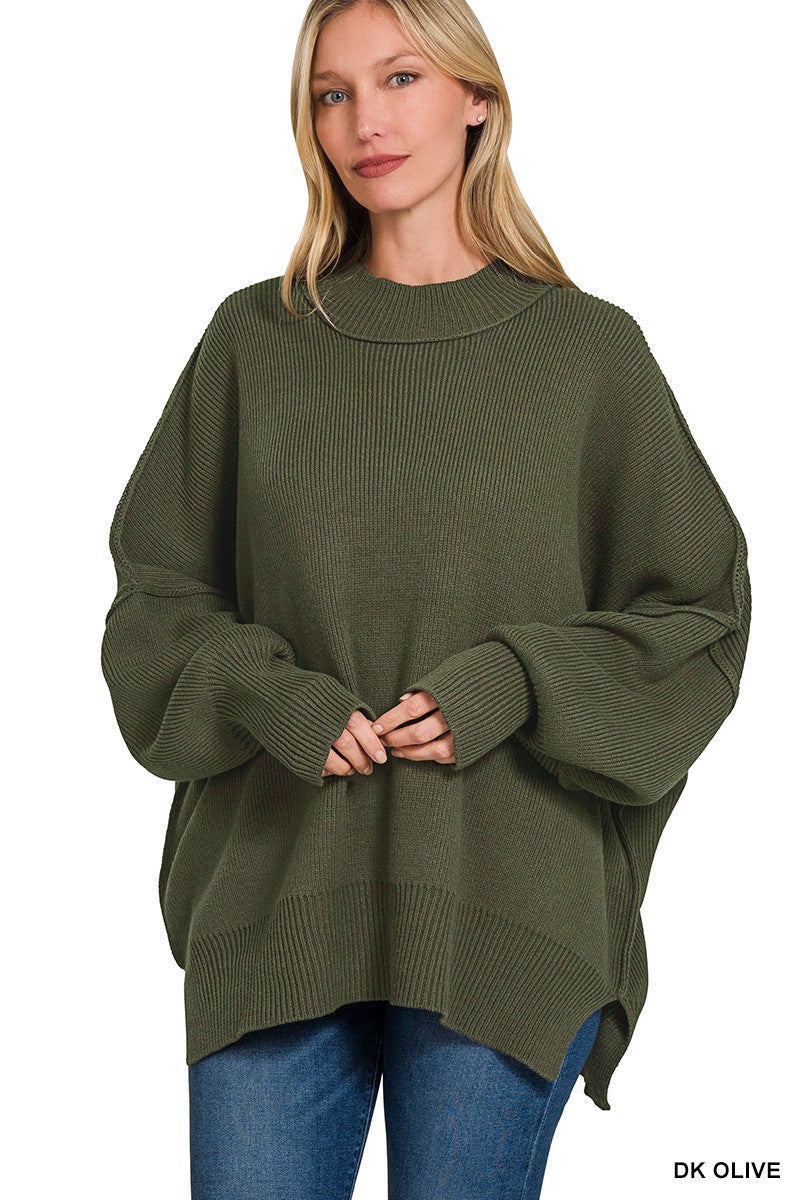 Side Slit Oversized Sweater-Dk Olive