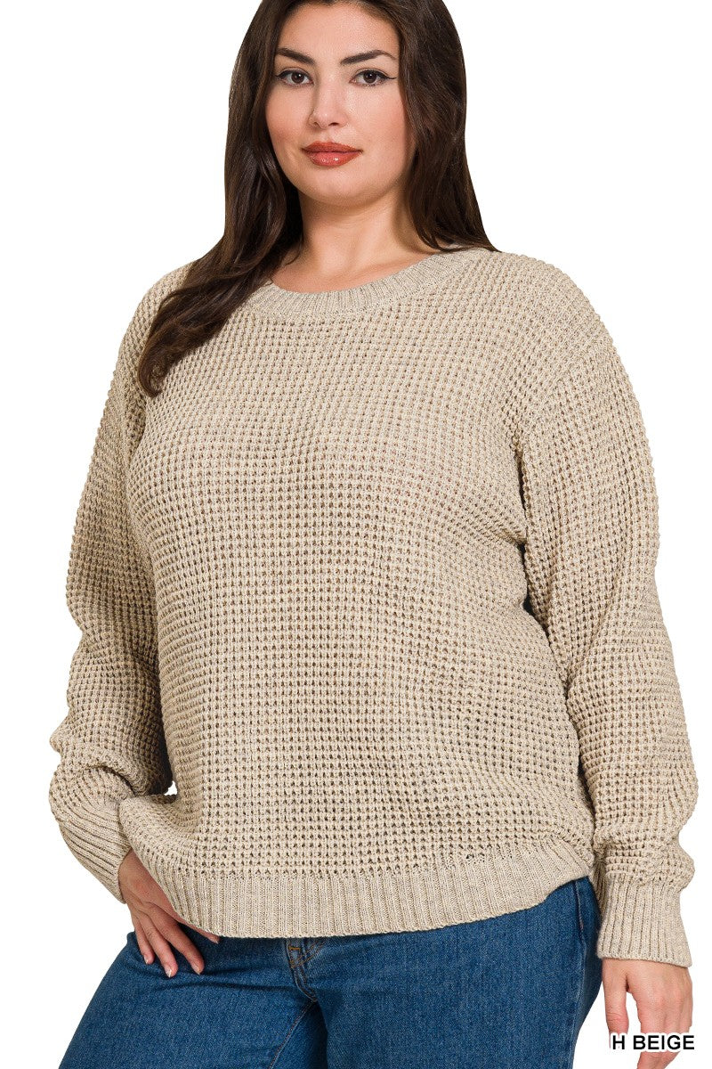 Long Sleeve Round Neck Waffle Sweater