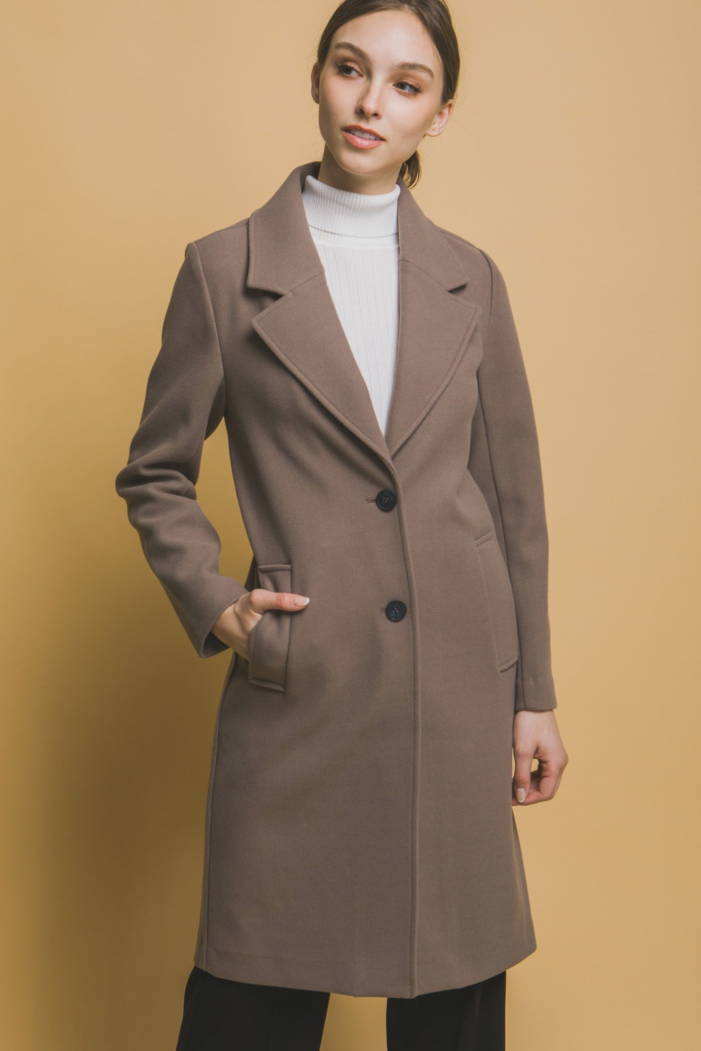 Notched Lapel Long Sleeve Button Coat