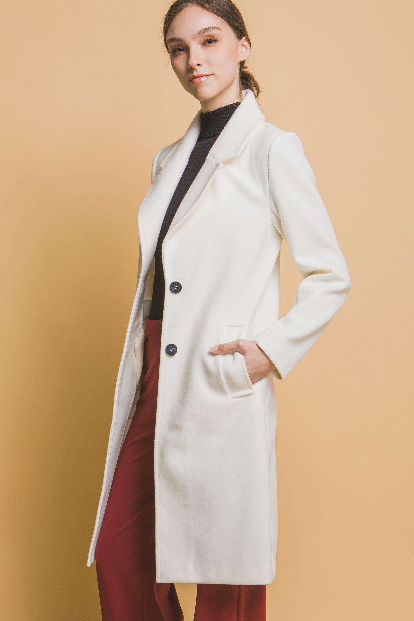 Notched Lapel Long Sleeve Button Coat
