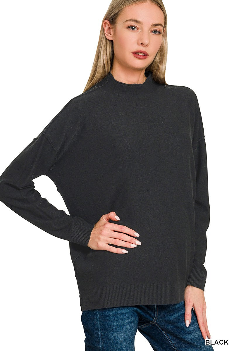 Mock Neck Exposed Seam Sweater-Black