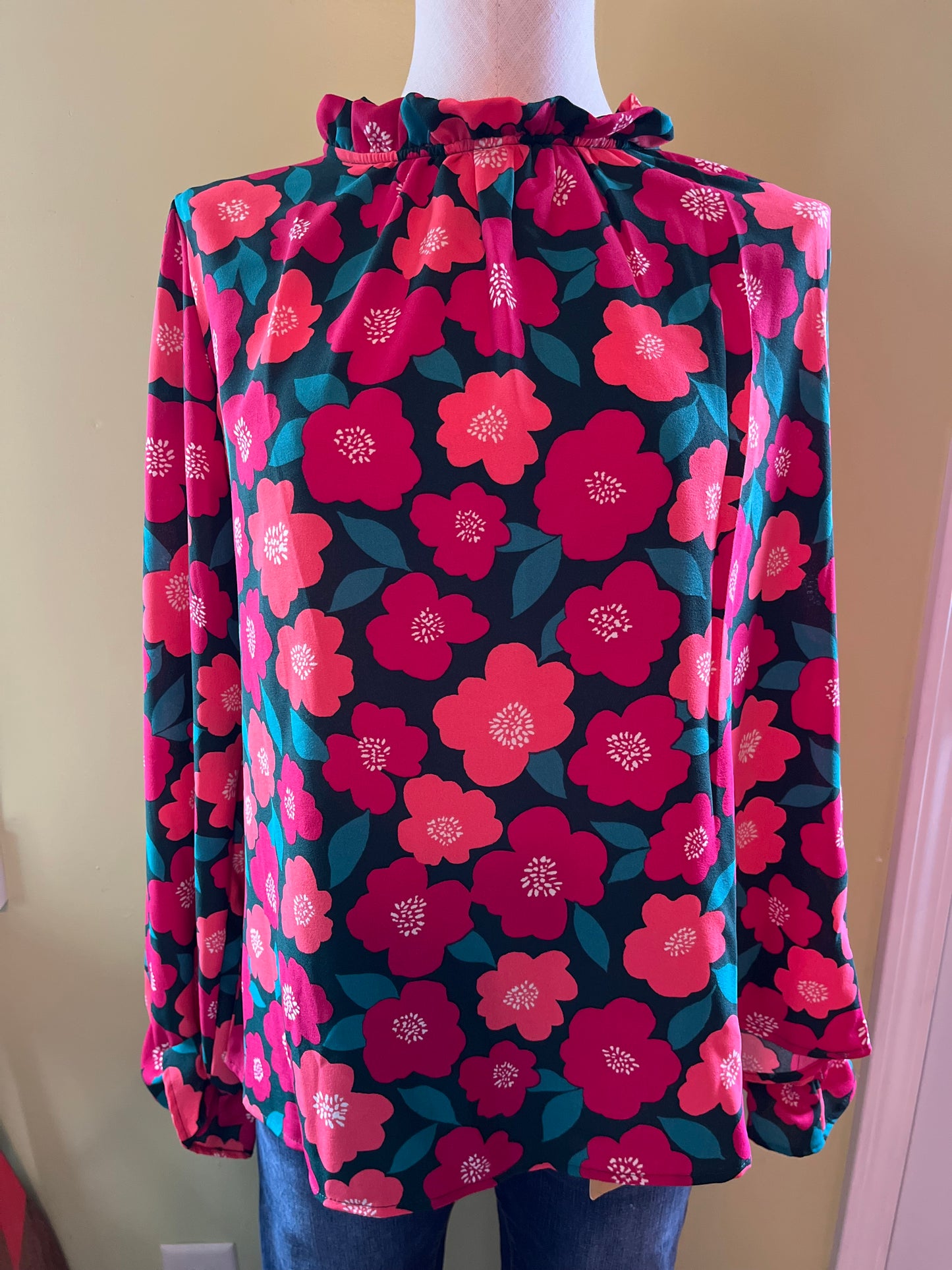 Anna K Mock Blouse/ Magenta/Hunter Green