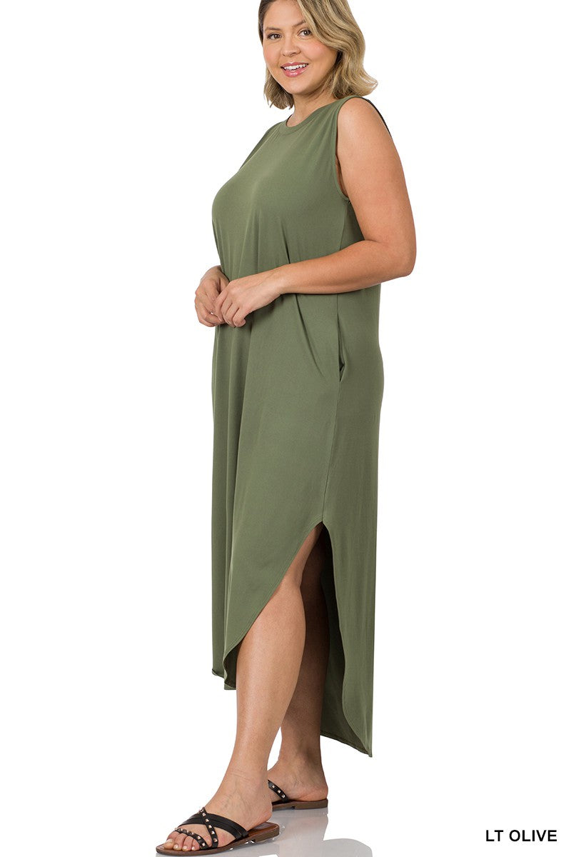 SIDE SLIT DRESS WITH POCKETS/LT OLIVE