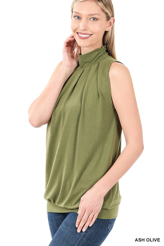 High Neck Pleated Top with Waistband -Olive