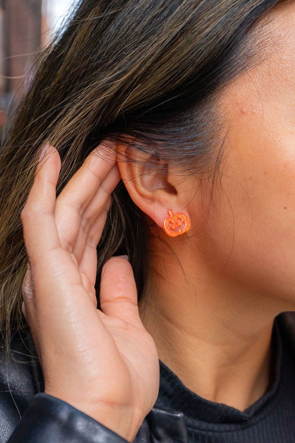 Jack O' Lantern Pumpkin Studs - Orange Glitter // Halloween Earrings