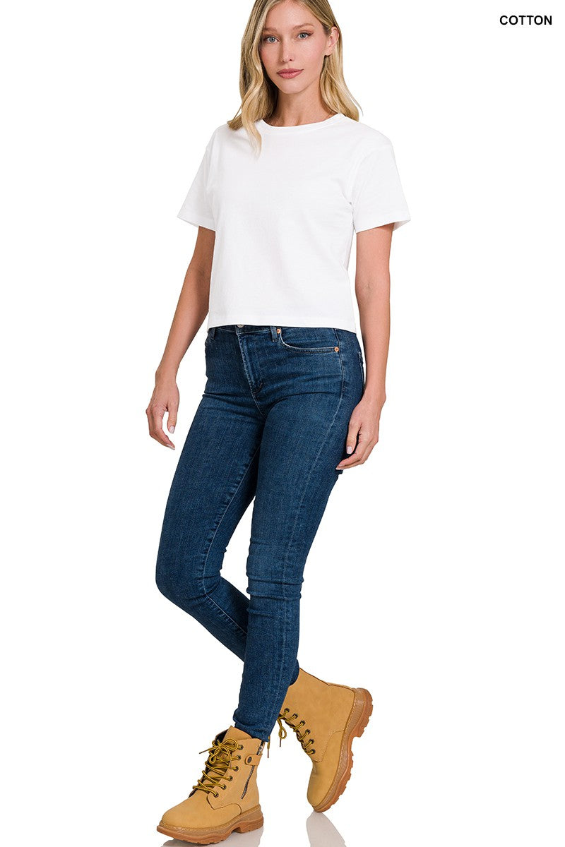 Cotton Crew Neck Short Sleeve Cropped T-shirt