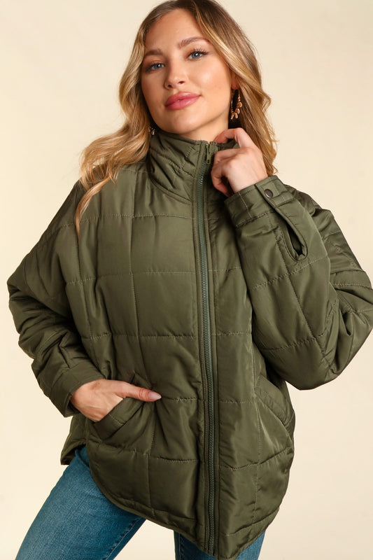 HIGH NECK ZIPPER UP PUFFER JACKET WITH POCKETS