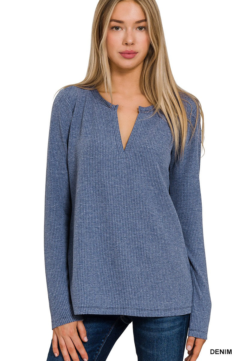 WAFFLE V-NECK LONG SLEEVE TOP