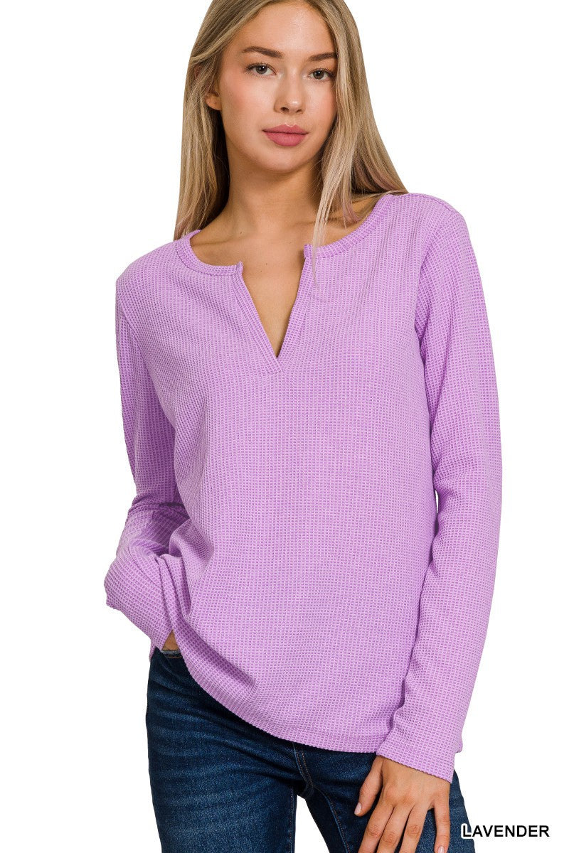 WAFFLE V-NECK LONG SLEEVE TOP