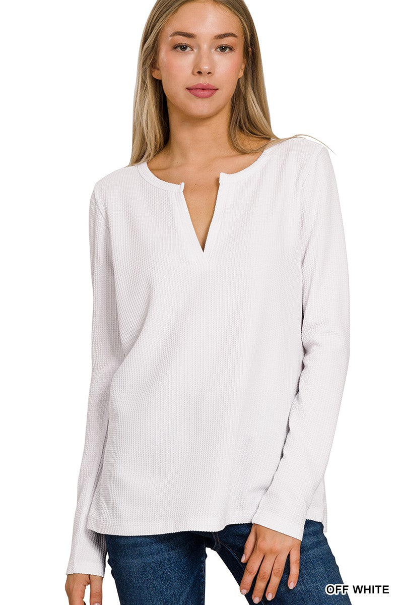 WAFFLE V-NECK LONG SLEEVE TOP