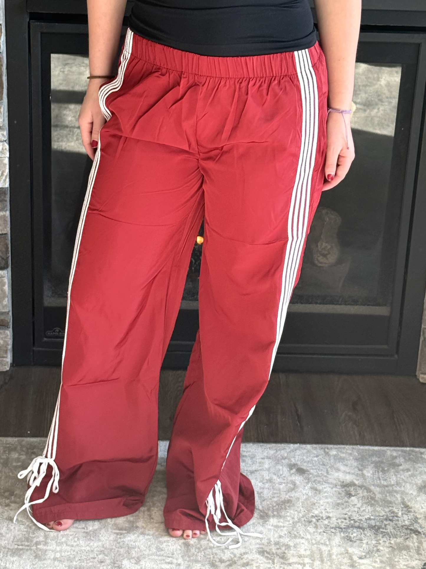 Side Striped Ribbon Tie Track Pants/ Vintage Red