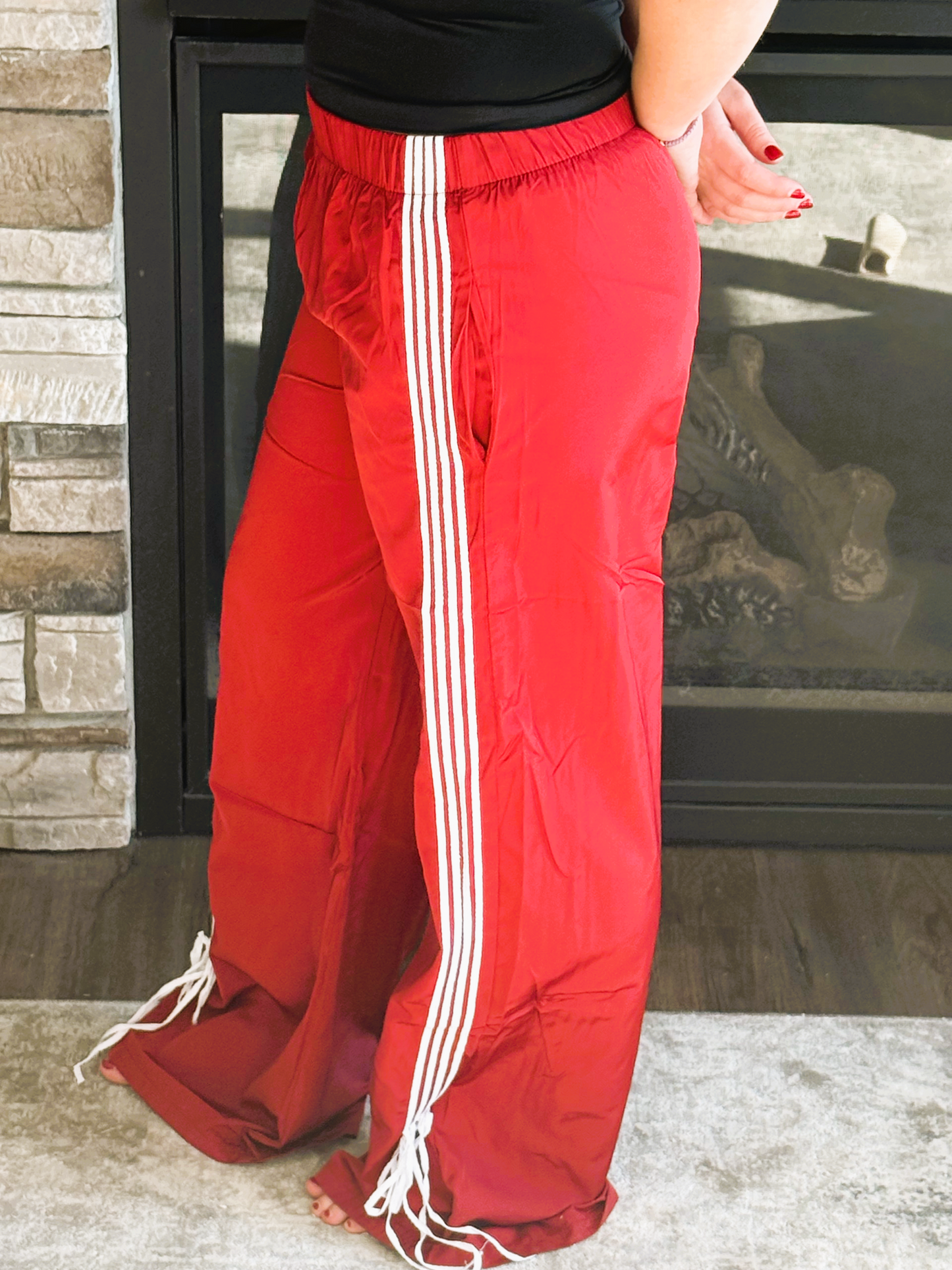 Side Striped Ribbon Tie Track Pants/ Vintage Red