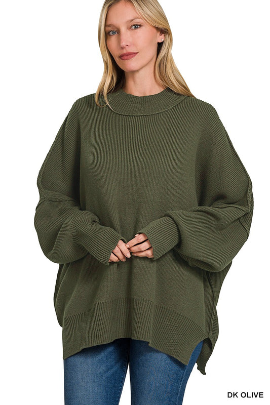 Side Slit Oversized Sweater-Dk Olive