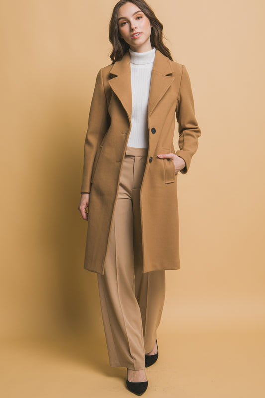 Notched Lapel Long Sleeve Button Coat