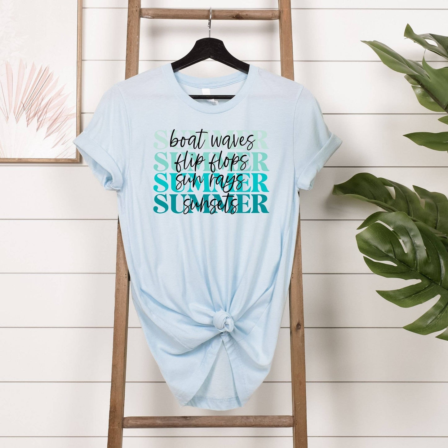 Boat Waves Flip Flops Summer Light Blue Tee