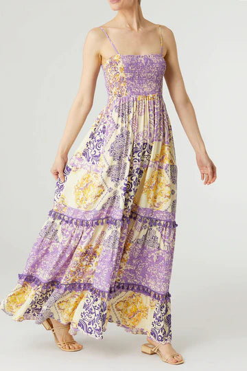 Sherri Smoked Tiered Maxi Dress/Cream and Purple Paisley