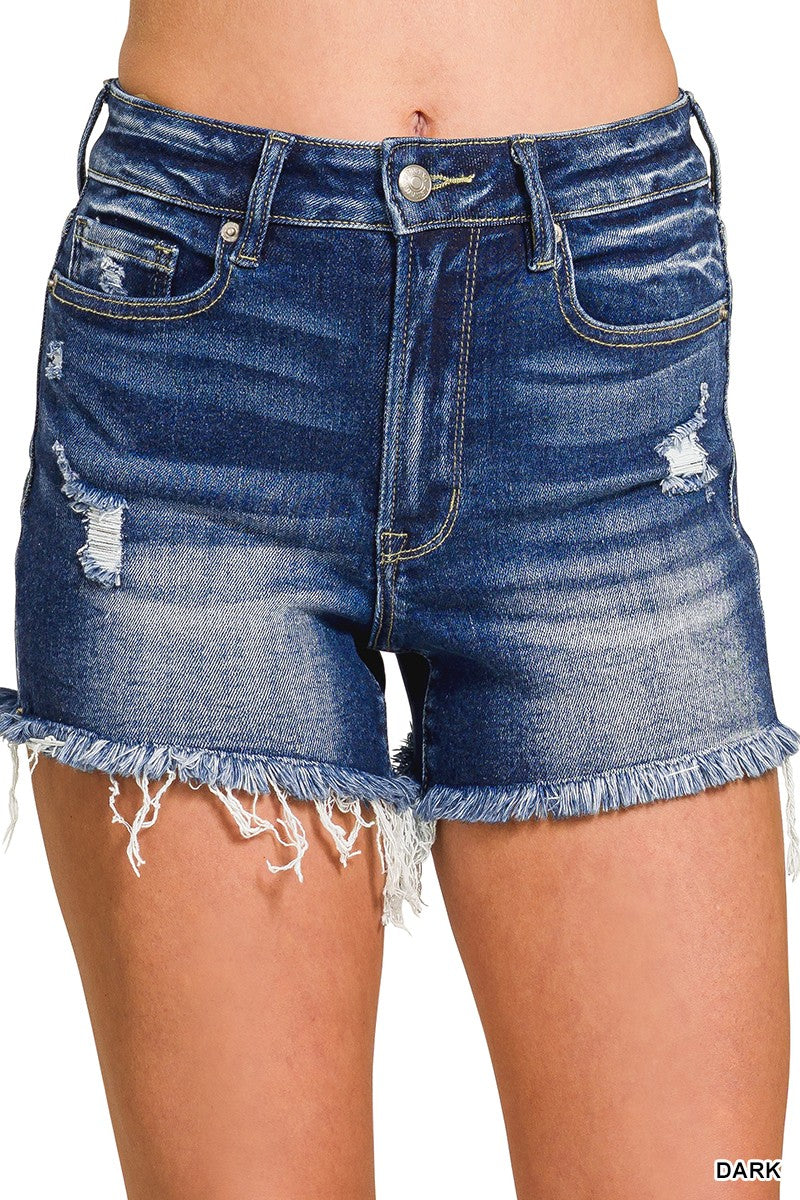 DISTRESSED HEM DARK WASH DENIM SHORTS