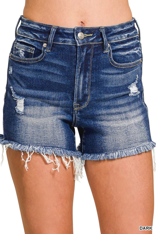 DISTRESSED HEM DARK WASH DENIM SHORTS