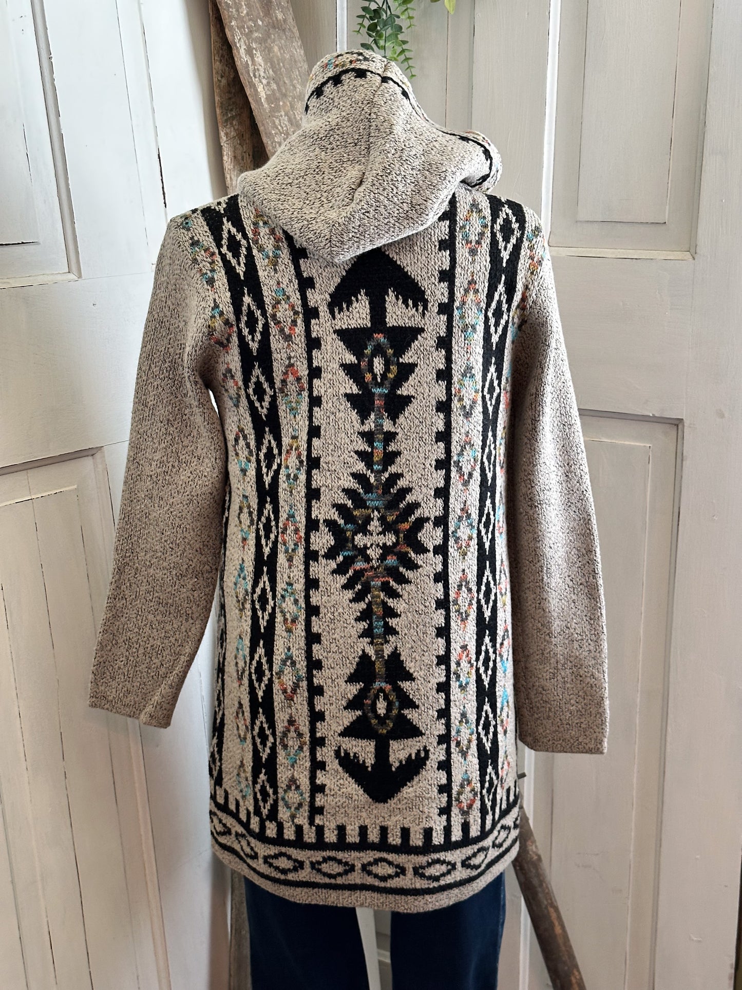 Aztec Rainbow Hooded Cardigan Sweater