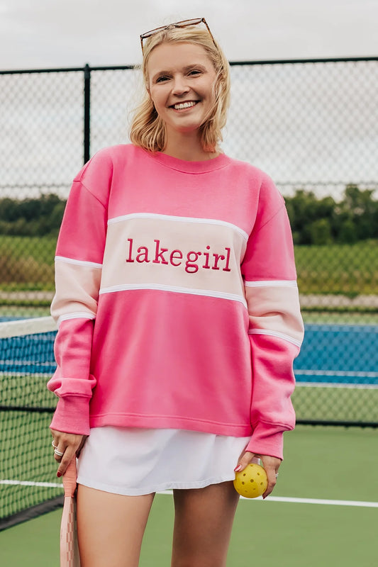 Lake Girl Cloud Fleece Color Block Crew-Hot Pink