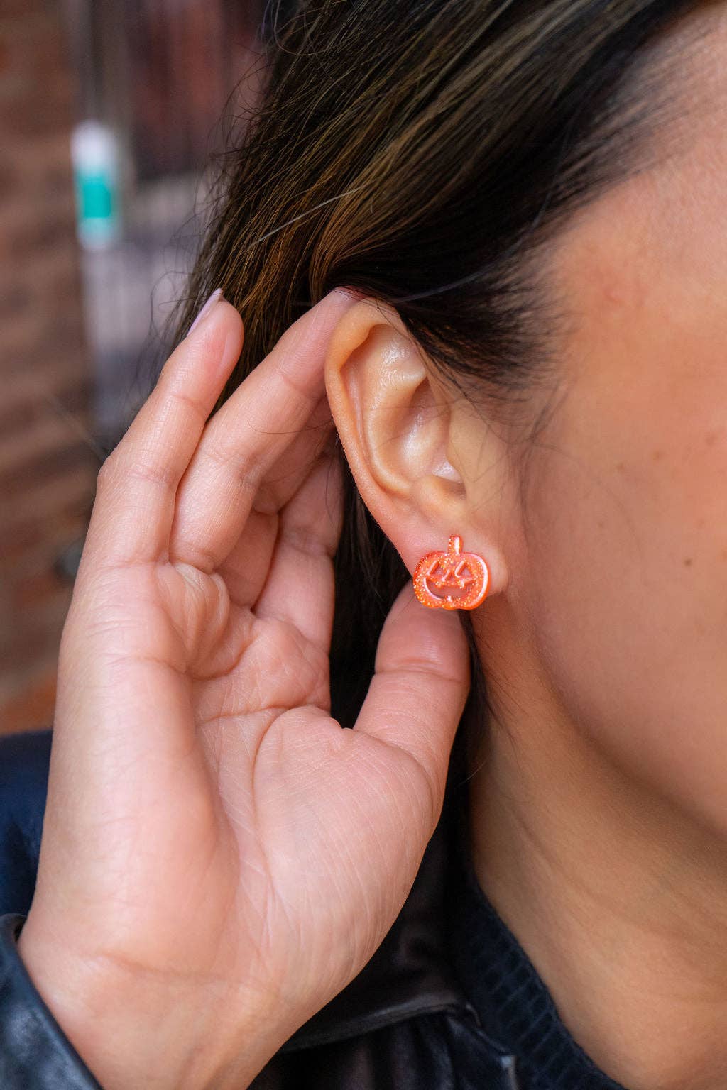 Jack O' Lantern Pumpkin Studs - Orange Glitter // Halloween Earrings