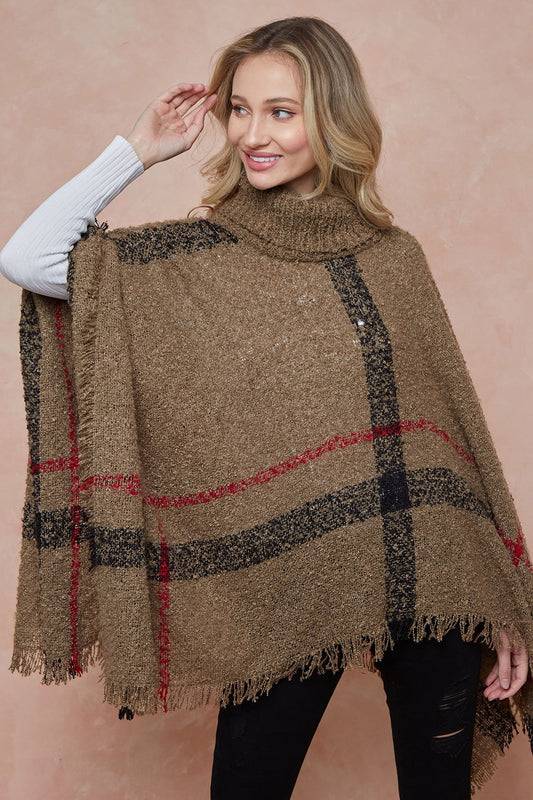 Knit Plaid Turtleneck Poncho Sweater