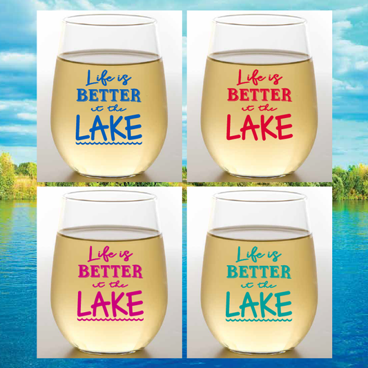 LIFE IS BETTER AT THE LAKE Shatterproof Wine Glasses: 4pk